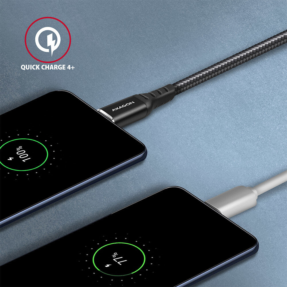 Axagon Data and charging USB 2.0 cable 1.5 m long. PD 60W, 3A. Black braided. USB-kabel 1,5 m USB C 0,48 Gbit/sek. Sort