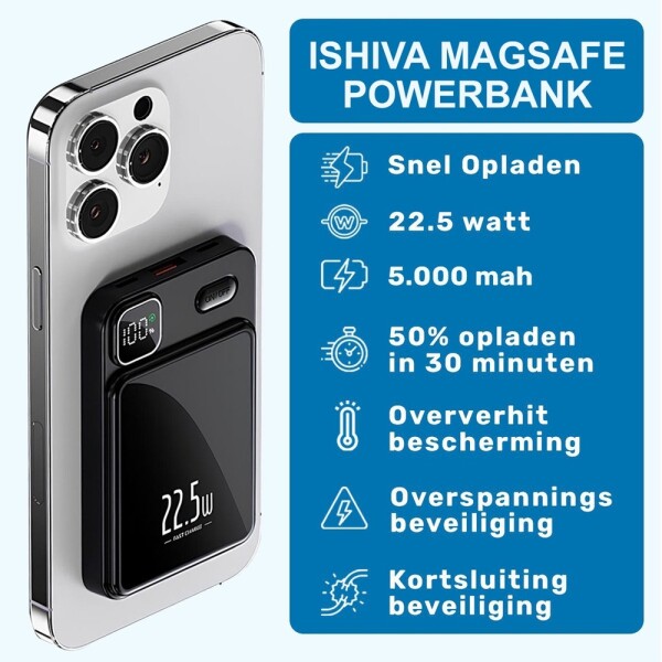 UFUZON Ishiva Magnetisk Trådløs Powerbank 5000 mAh, 22,5W USB-C