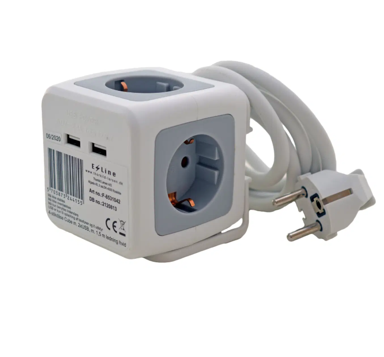 E-LINE 4-stikdåse schuko Cube 2xUSB, 1,5m ledn. hvid