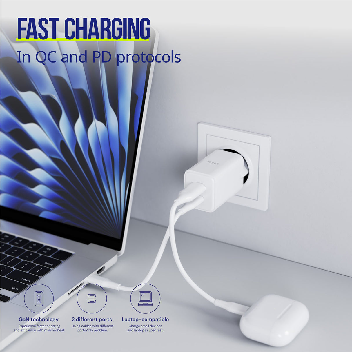 Allity wall charger GaN PD QC ATC-01-45WAC 1x USB-C 1x USB-A 45W white