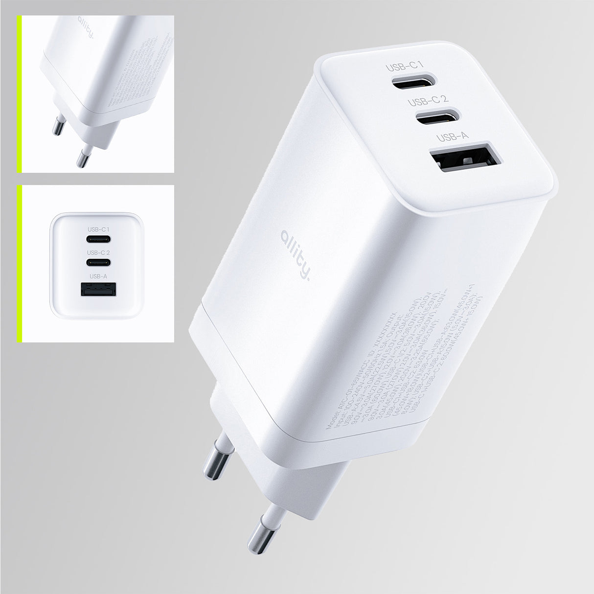 Allity wall charger GaN PD QC ATC-01-65WACC 2x USB-C 1x USB-A 65W white