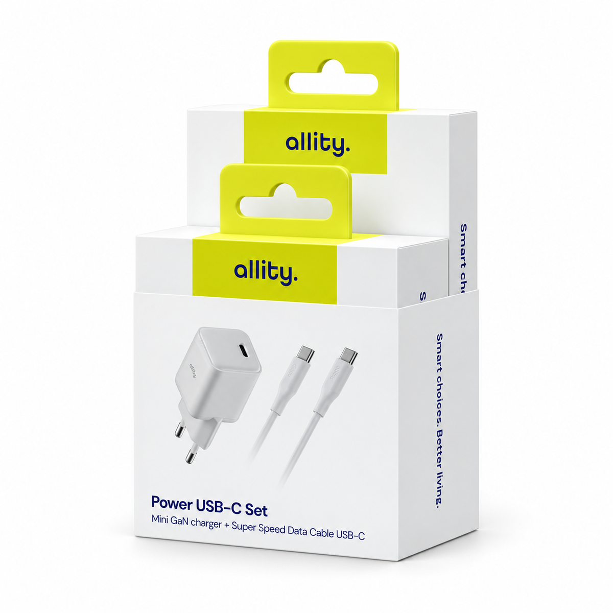Allity GaN USB-C Opladersæt 20W PD/QC inkl. USB-C til USB-C kabel 1m – Hvid