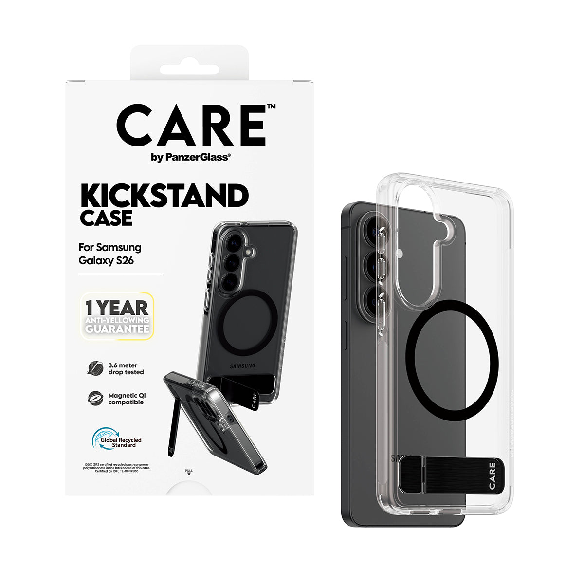 CARE by PanzerGlass Urban Explorer Case Transparent w. Black Kickstand & Qi Samsung Galaxy S26