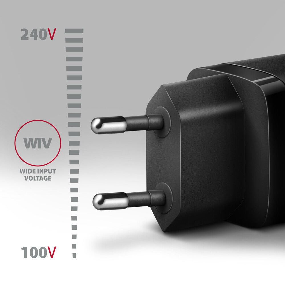 Axagon ACU-PQ30 Ladegerät QC3.0, 4.0/AFC/FCP/PPS/Apple+ PD USB-C, 30W - schwarz - Kompaktes Ladegerät - 1x USB-C und 1x USB-A Mobiltelefon, Smartphone, SmartWatch, Tablet, Universel Sort Vekselstrøm Hurtig opladning Indendørs