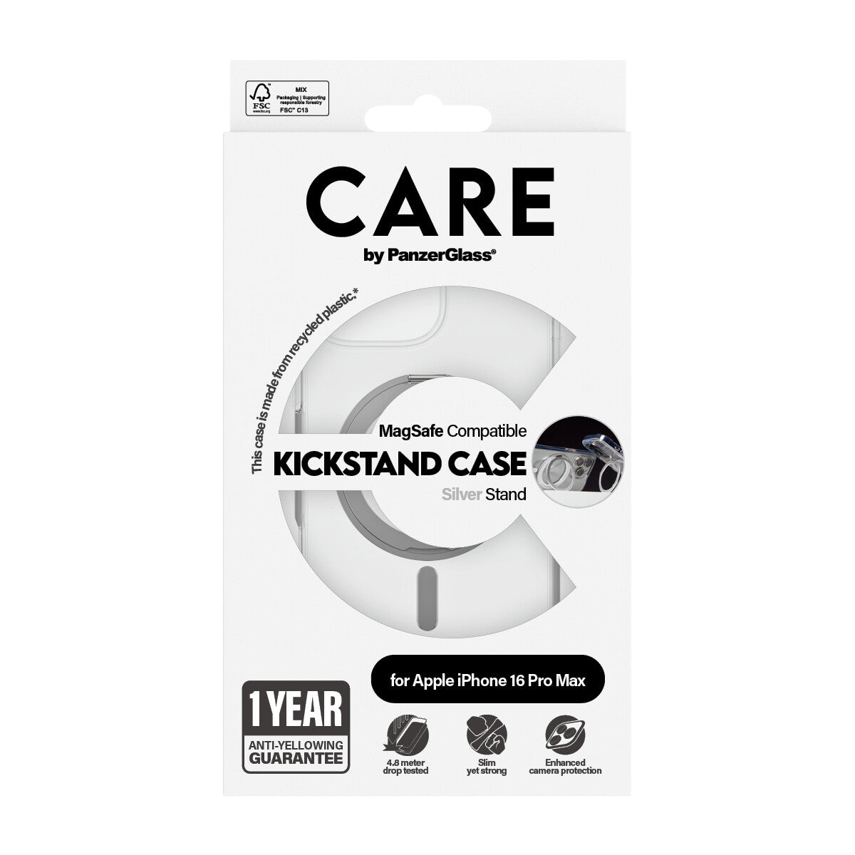 PanzerGlass CARE™ by ® Case Transparent m. Sølv Kickstand & MagSafe iPhone 16 Pro Max