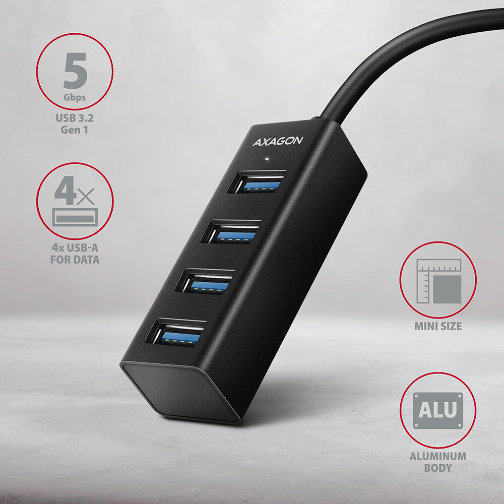 Axagon HUE-M1A interface hub USB 3.2 Gen 1 (3.1 Gen 1) Type-A 5000 Mbit/s Sort