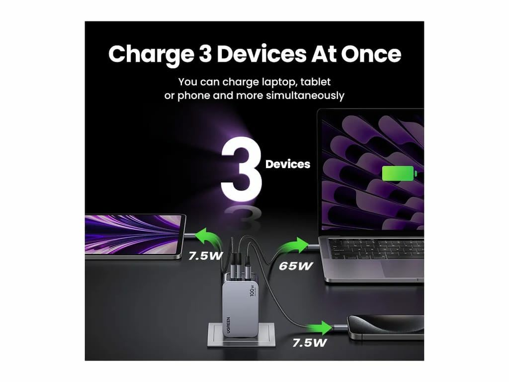 Ugreen Nexode Pro EU 3-Port GaN PD Fast Charger With USB-C Cable Universel Sort, Grå Vekselstrøm Hurtig opladning Indendørs