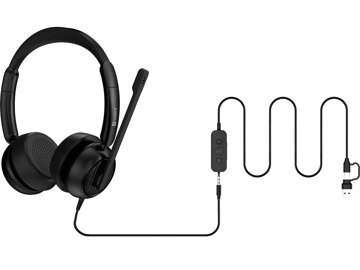 Sandberg 126-54 hovedtelefoner/headset Ledningsført Kontor/Callcenter USB Type-C / USB Type-A Sort