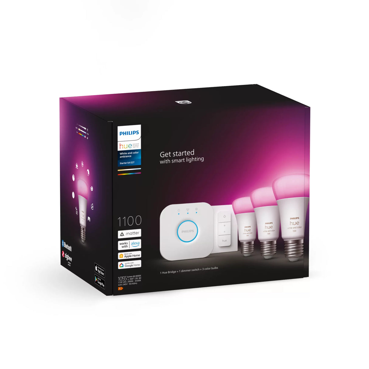 Philips Hue White and Color ambiance Startsæt: 3 x E27 pærer (1100) + Dimmer switch