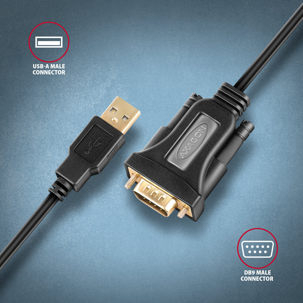 Axagon ADS-1PQN USB-A 2.0 - serial RS-232 DB9-M FTDI adapter cable 1.5m - Adapter - Digital/Daten serielkabel Sort 1,5 m USB Type-A