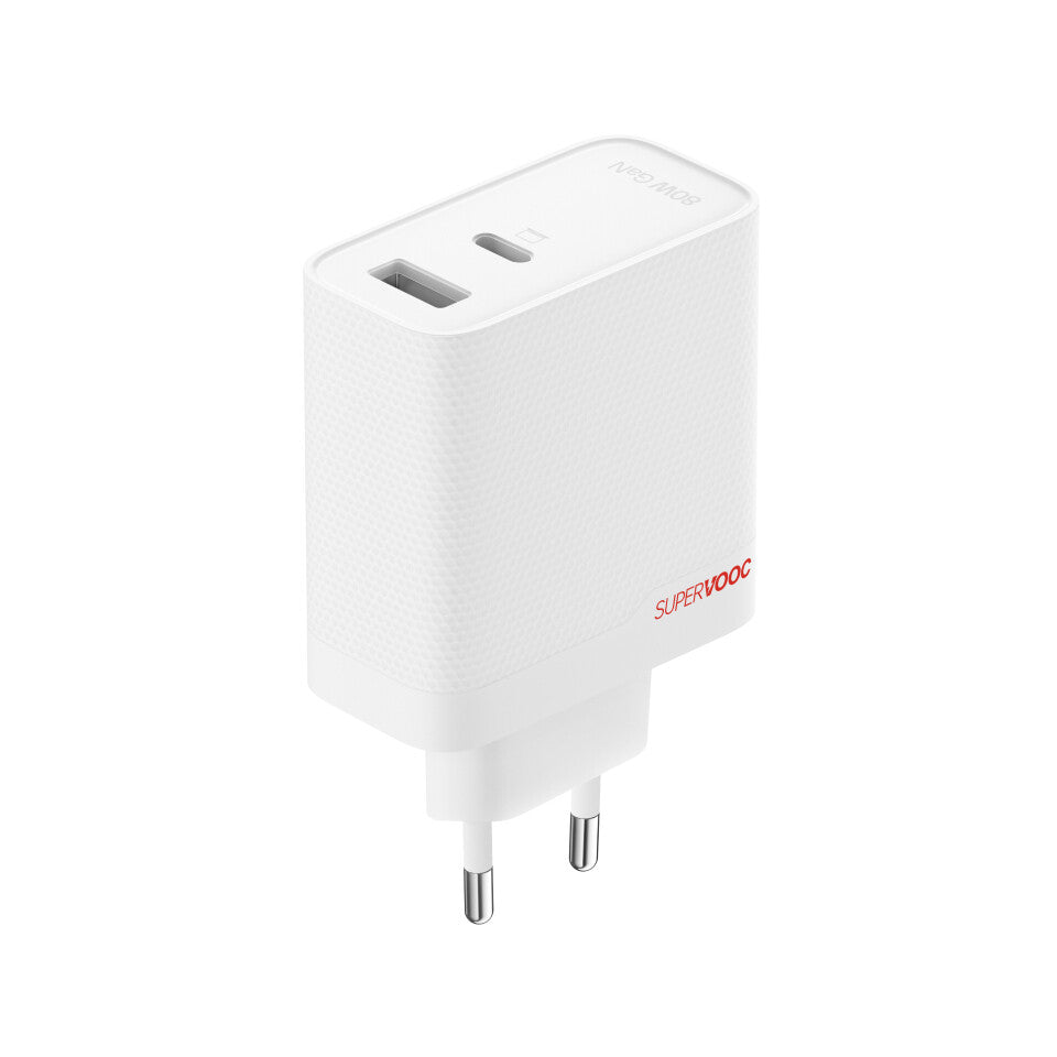 OnePlus 80W Dual Port SUPERVOOC Type-A + Type-C Adapter med USB-C kabel Hvid EU