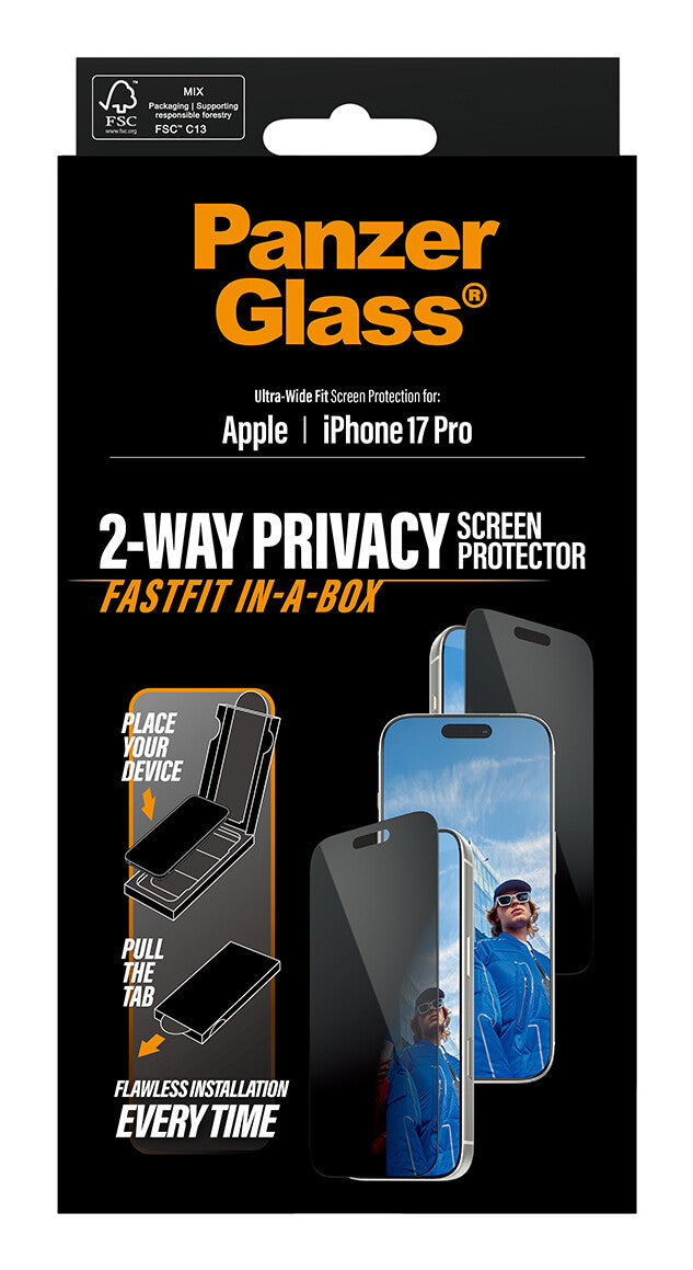 PanzerGlass ® 2-Way Privacy Skærmbeskyttelse iPhone 17 Pro | Ultra-Wide Fit m. Fastfit in-a-box