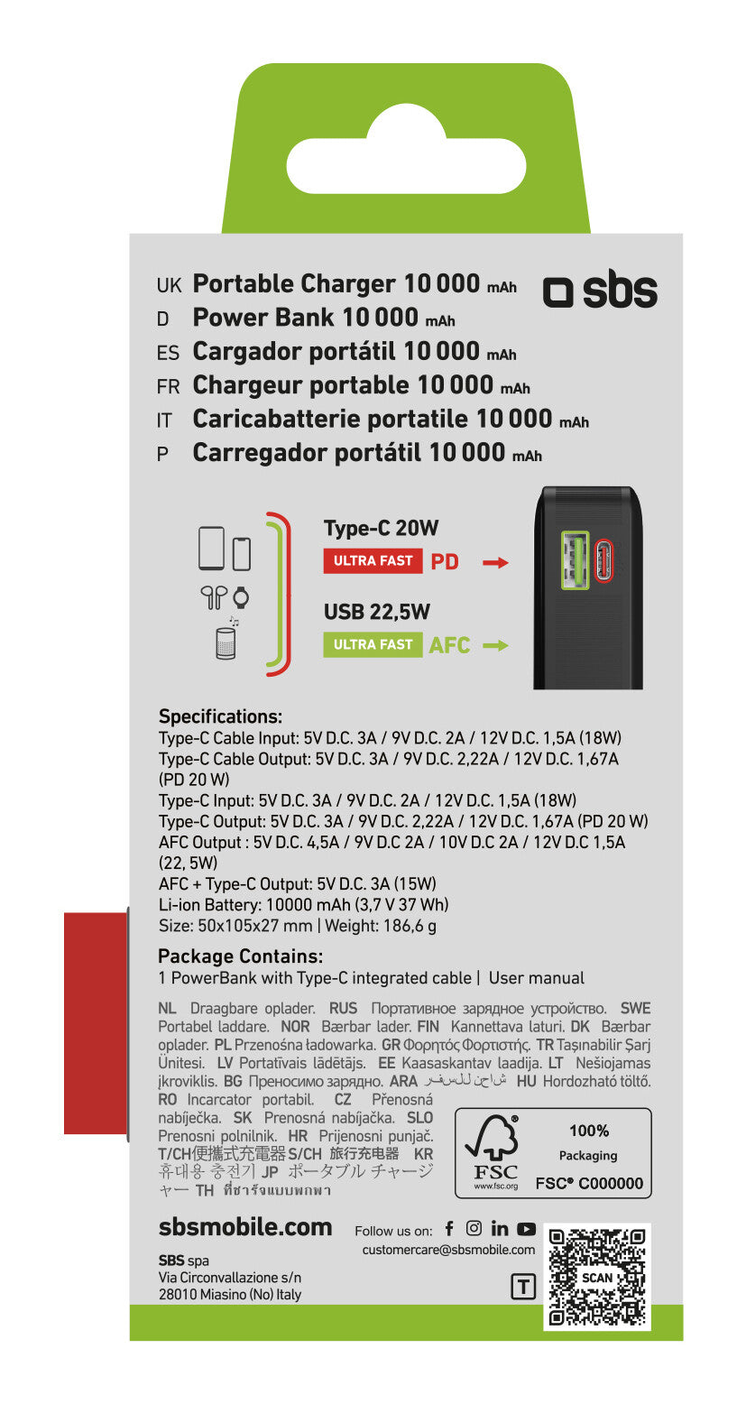 SBS TTBB10000LCDTCPD20K powerbank Lithium-Ion (Li-Ion) 10000 mAh Sort