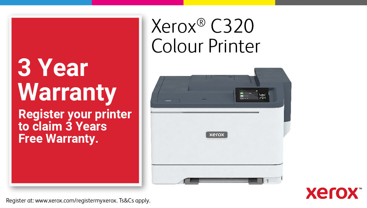 Xerox C320, A4, 28 sider/min, trådløs dupleksprinter, PS3 PCL5e/6, 2 magasiner, i alt 251 ark