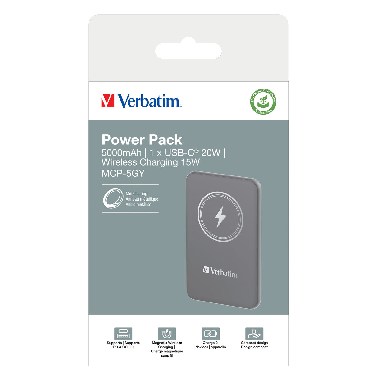 Verbatim Charge 'n' Go Lithium polymer (LiPo) 5000 mAh Trådløs opladning Grå