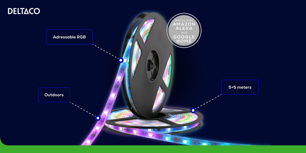 Deltaco Udendørs smart LED-stribe, RGB, 10 m (2 x 5 m)