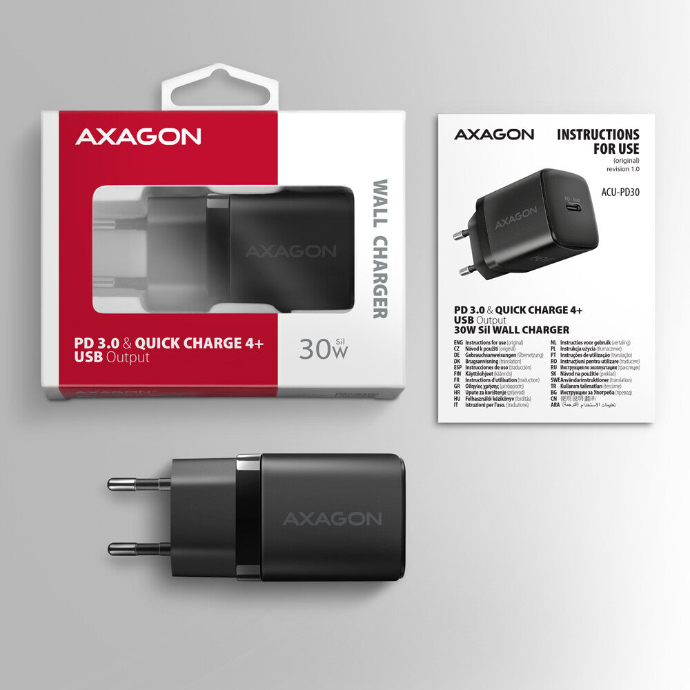 Axagon ACU-PD30 oplader til mobil enhed Mobiltelefon, Smartphone, SmartWatch, Tablet, Universel, Ur Sort Vekselstrøm Hurtig opladning Indendørs