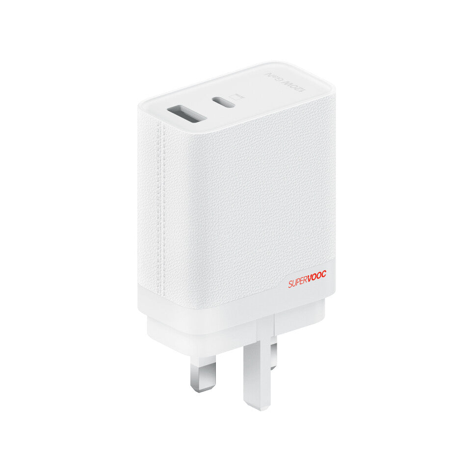 OnePlus 120W Dual Port SUPERVOOC Type-A + Type-C Adapter med USB-C kabel Hvid EU