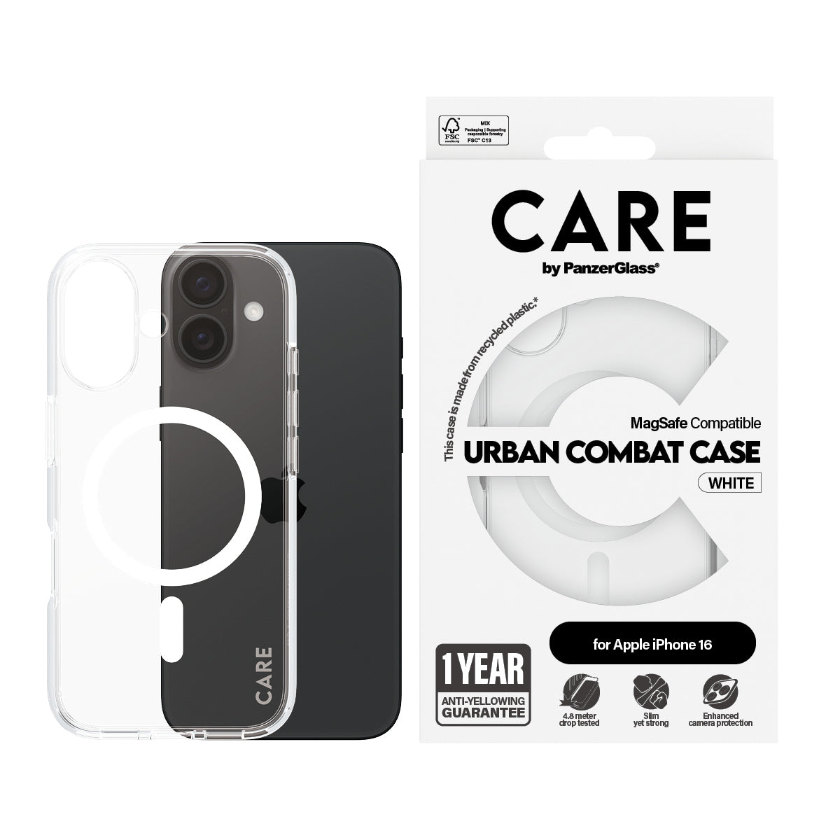 PanzerGlass CARE by ® Flagship Case Transparent Urban Combat m. Hvid MagSafe iPhone 16