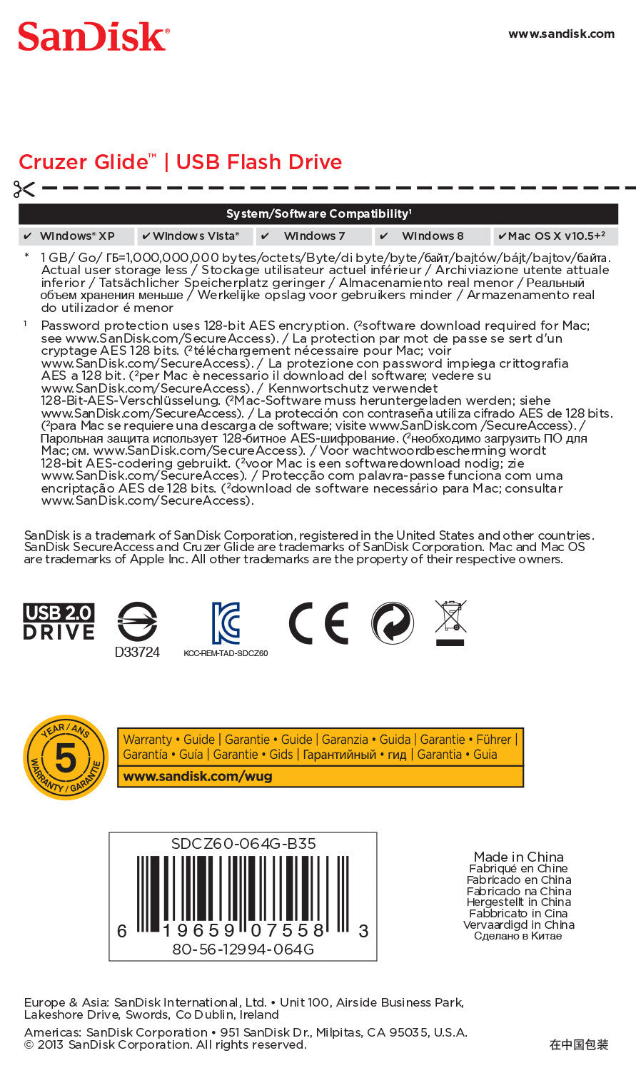 SanDisk Cruzer Glide USB-nøgle 64 GB USB Type-A 2.0 Sort, Rød