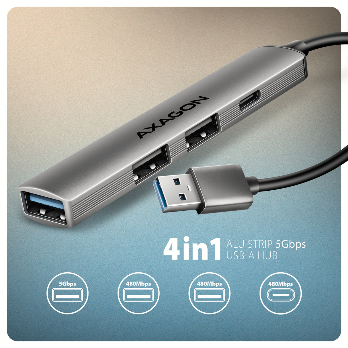 Axagon HUB USB HUE-STA, 4x USB ALU STRIP hub, 1x USB-A 5Gbps, 2x USB-A & 1x USB-C 480Mbps, kabel USB-A 12cm USB 3.2 Gen 1 (3.1 Gen 1) Type-A 5 Mbit/s Grå