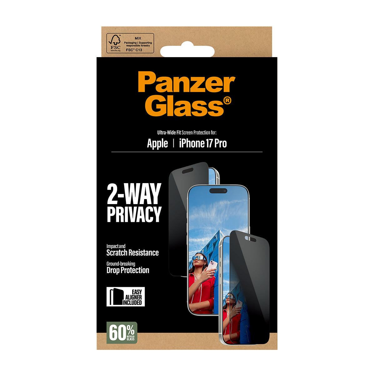 PanzerGlass ® 2-Way Privacy Skærmbeskyttelse iPhone 17 Pro | Ultra-Wide Fit m. EasyAligner