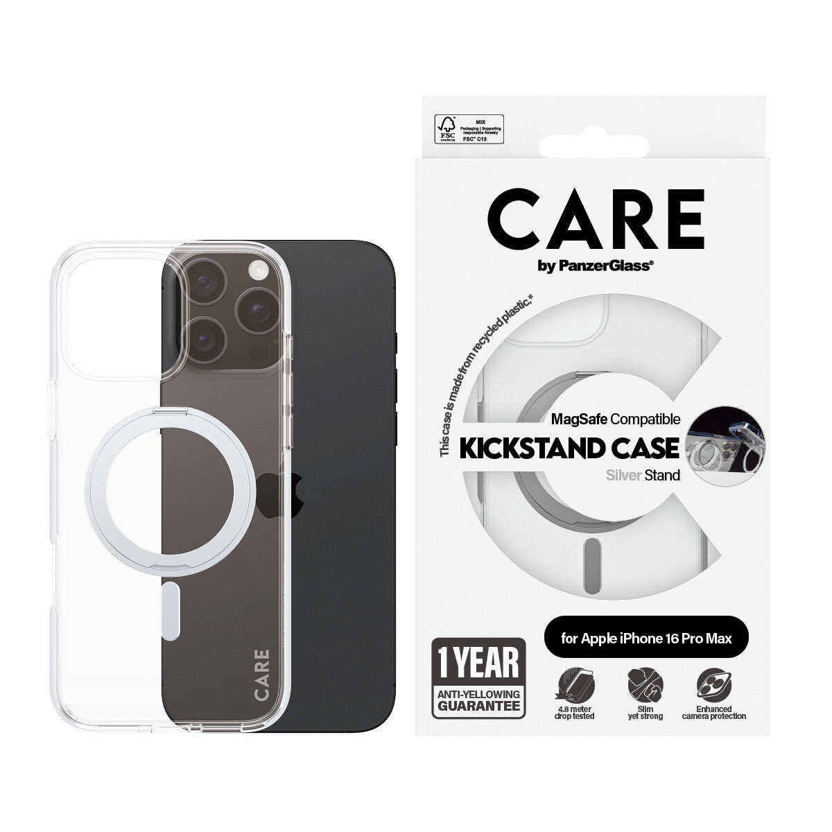 PanzerGlass CARE™ by ® Case Transparent m. Sølv Kickstand & MagSafe iPhone 16 Pro Max