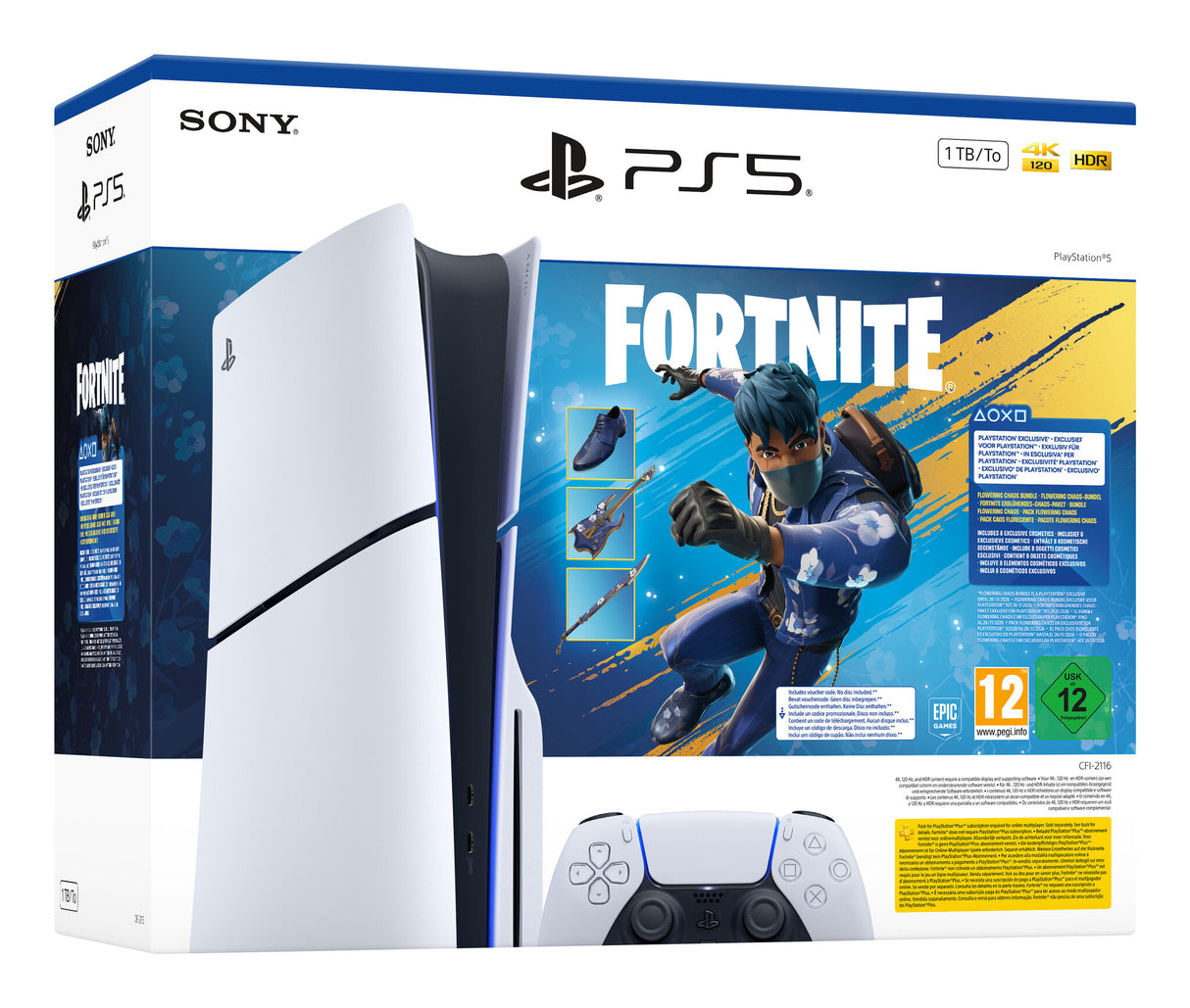 Sony PlayStation 5 - Fortnite Flowering Chaos Bundle 1 TB Wi-Fi Sort, Hvid