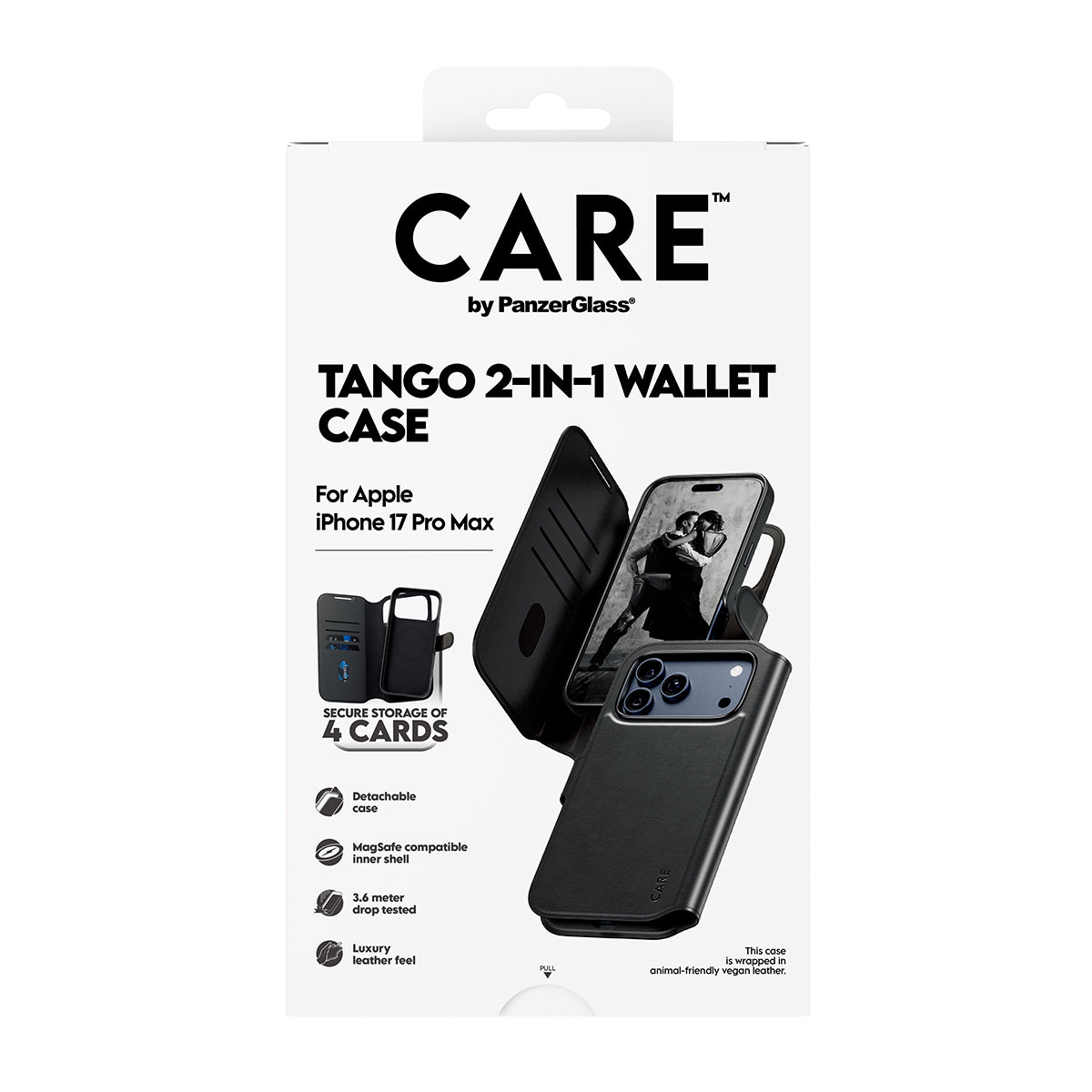 PanzerGlass CARE by Feature Case Tango Two-in-One Wallet w. MagSafe iPhone 17 Pro Max Beskyttelsescover Sort
