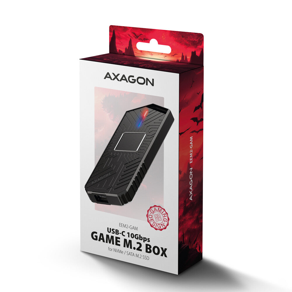 Axagon EEM2-GAM, USB-C 10Gbps - NVMe & SATA SSD GAME M.2 box, bezšroubkový SSD kabinet Sort