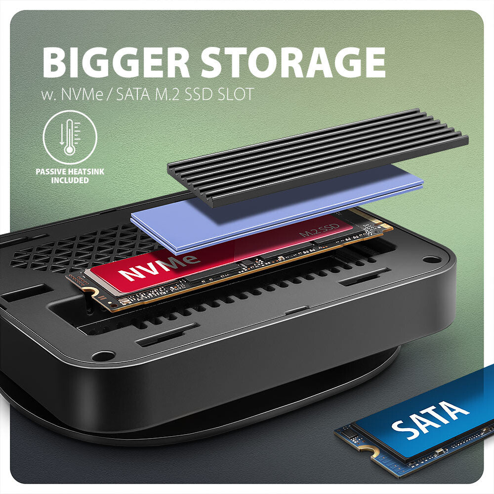 Axagon HMC-UFO USB-C Hub M.2 SATA/NVMe 1 Gbit/s Ethernet 384 kHz Audio Ledningsført USB 3.2 Gen 2 (3.1 Gen 2) Type-C Sort