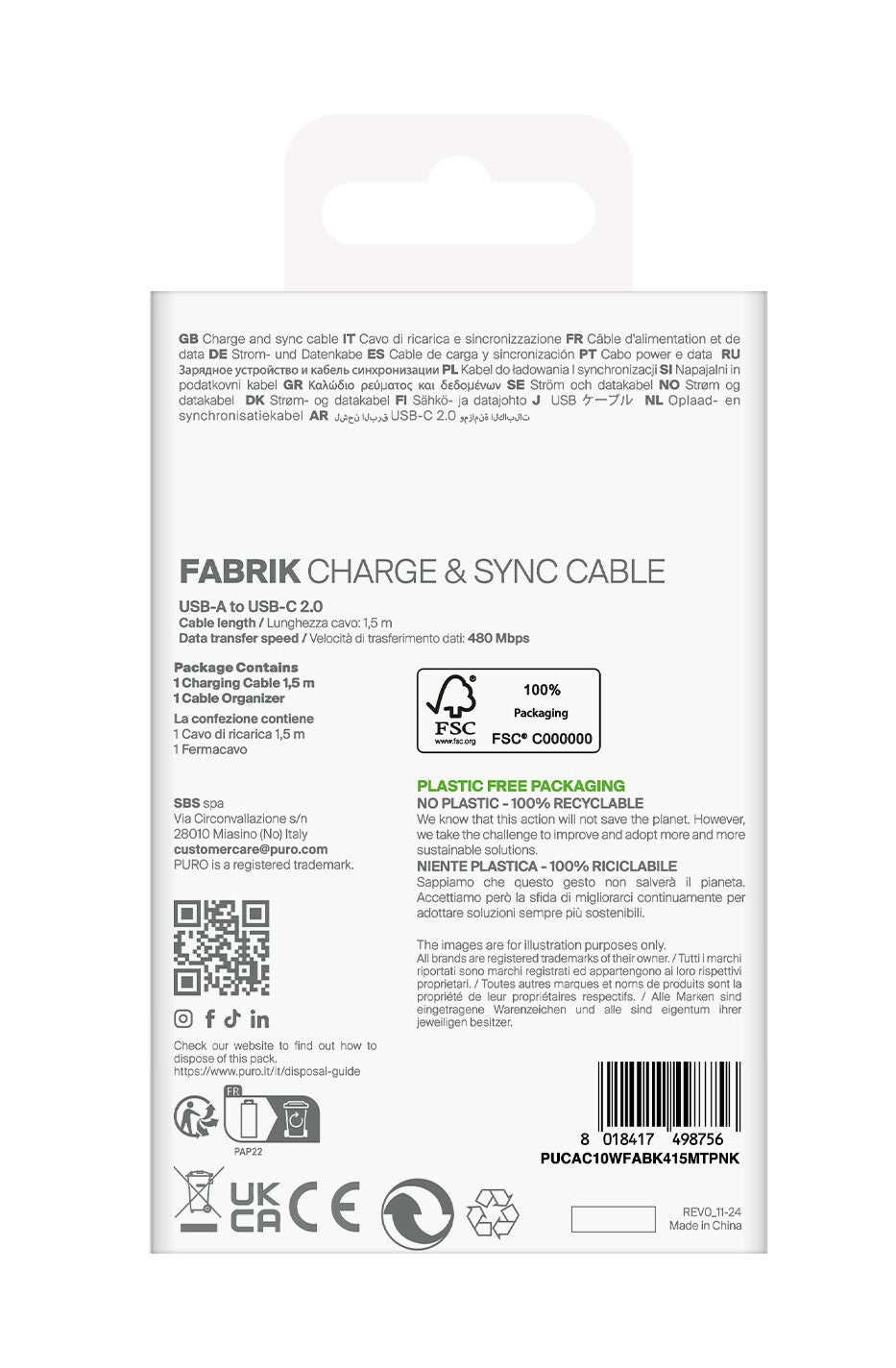 PURO PUCAC10WFABK415MTPNK USB-kabel USB 2.0 1,5 m USB A USB C Lyserød