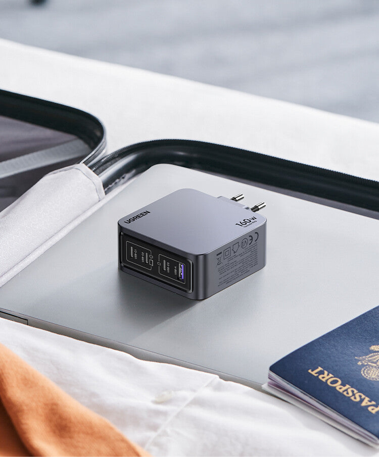 Ugreen Nexode Pro 160W GaN Charger with USB-C Cable Universel Sort, Grå Vekselstrøm Hurtig opladning Indendørs