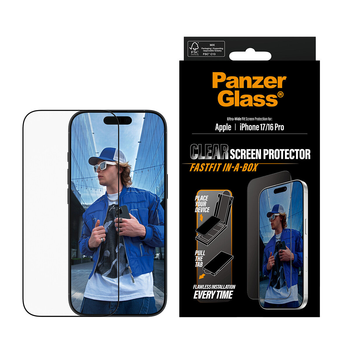 PanzerGlass ® Skærmbeskyttelse iPhone 17 | iPhone 16 Pro | Ultra-Wide Fit m. Fastfit in-a-box