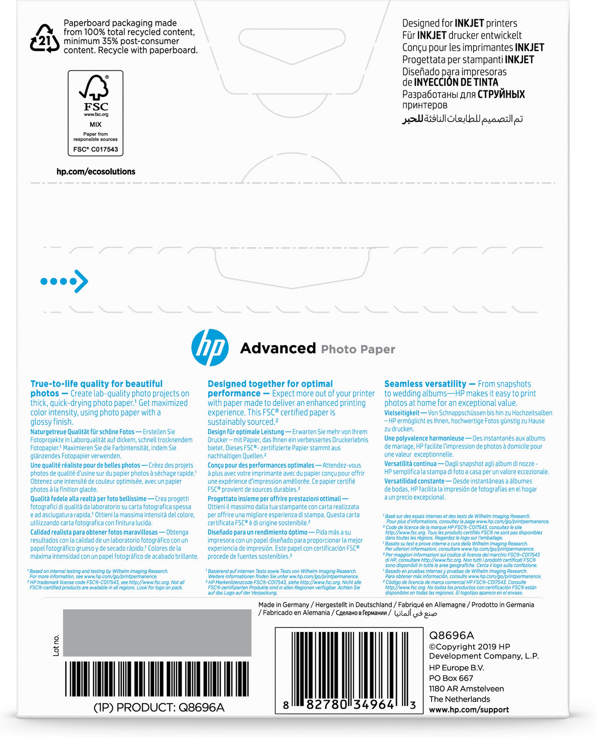 HP Advanced-fotopapir, blankt, 250 g/m2, 13 x 18 cm (127 x 178 mm), 25 ark