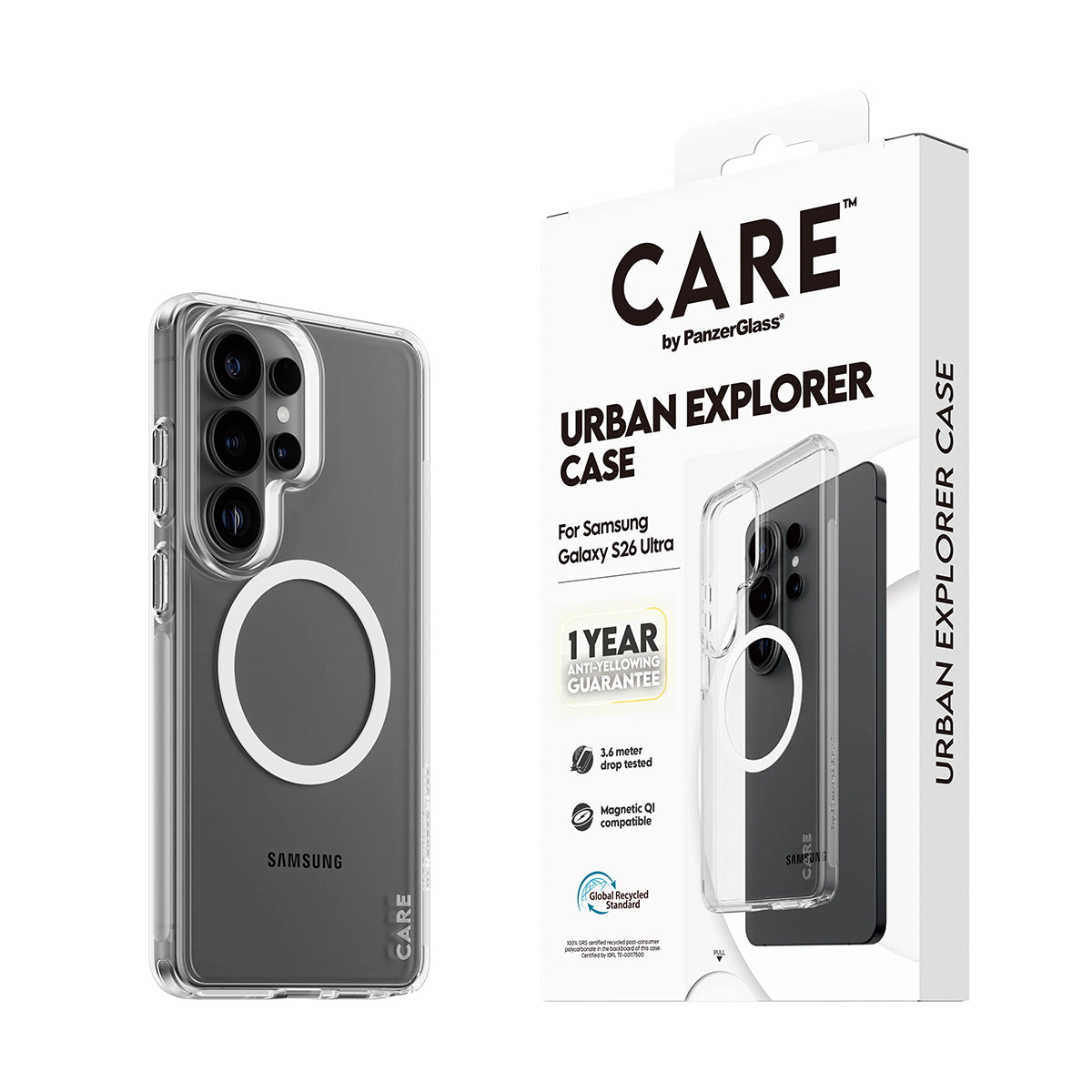 CARE by PanzerGlass Urban Explorer Case Transparent w. White Qi Samsung Galaxy S26 Ultra