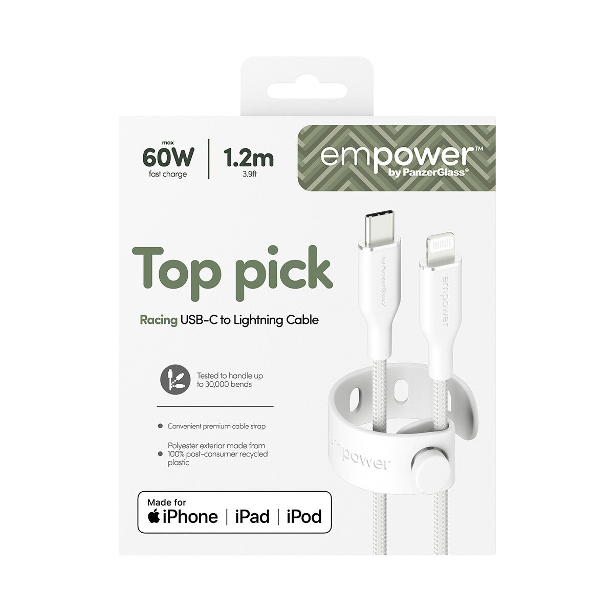 PanzerGlass empower™ by ® Racing 60W USB-C to Lightning Kabel | USB 2.0 | 1.2M | Silver White