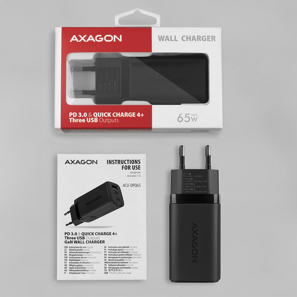 Axagon ACU-DPQ65 oplader til mobil enhed Mobiltelefon, Netbook, Laptop, Smartphone, SmartWatch, Tablet, Universel Sort Vekselstrøm Hurtig opladning Indendørs