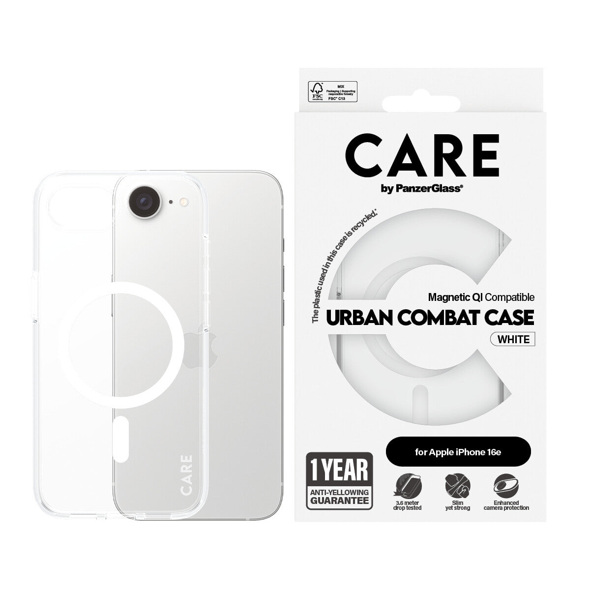 PanzerGlass CARE™ by ® Urban Combat Case Transparent m. Hvid Qi Compatible iPhone 17e | 16e