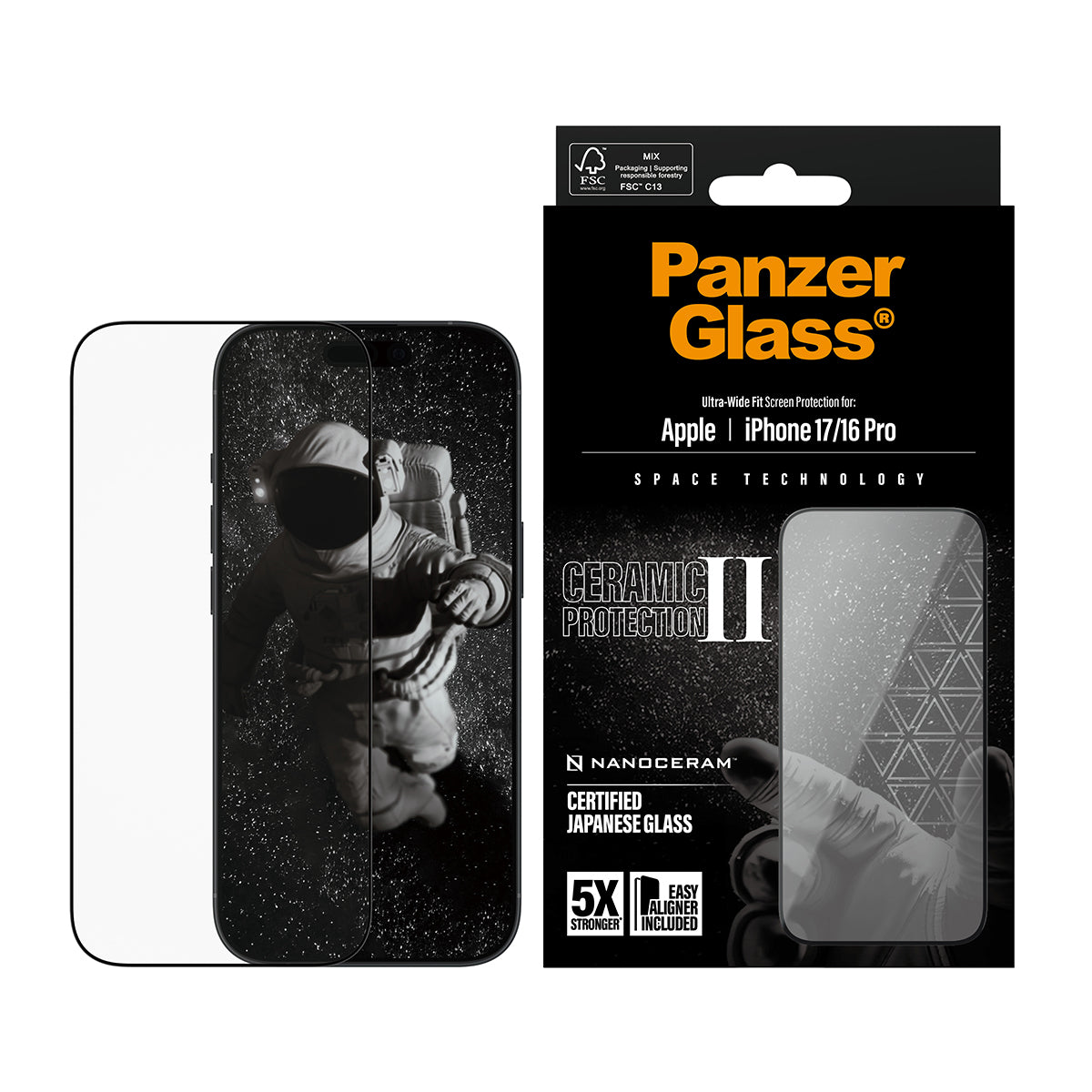 PanzerGlass ® Ceramic II Skærmbeskyttelse iPhone 17 | iPhone 16 Pro | Ultra-Wide Fit m. EasyAligner