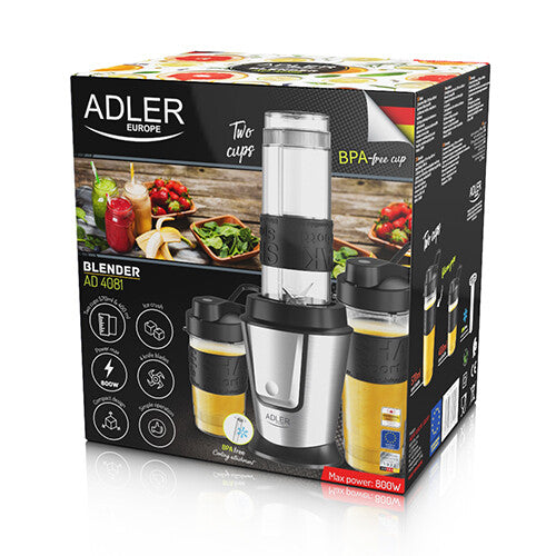 Adler AD 4081 blender 0,57 L Sportsblender 800 W Sort, Rustfrit stål, Gennemsigtig