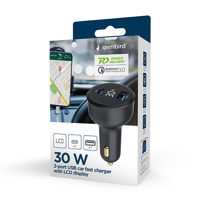 Gembird TA-UC-AC2PD30LCD-CAR-01 oplader til mobil enhed Universel Sort Cigartænder Hurtig opladning Automatisk