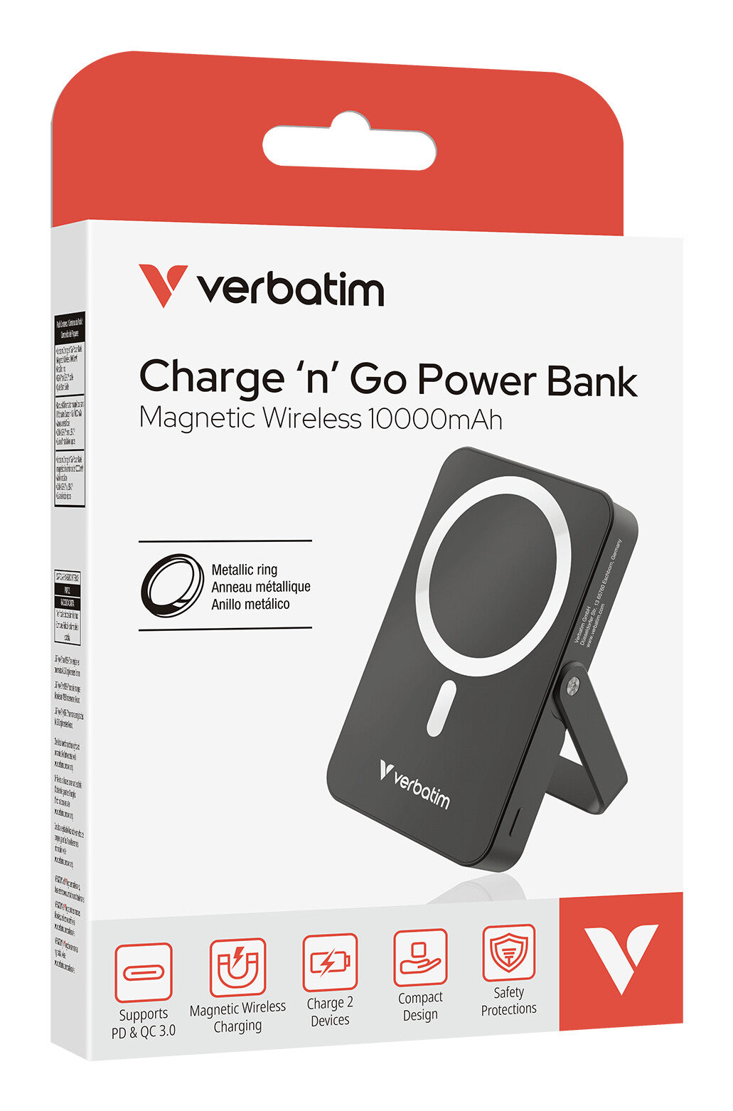 Verbatim Charge 'n' Go Magnetic Wireless Lithium polymer (LiPo) 10000 mAh Trådløs opladning Sort