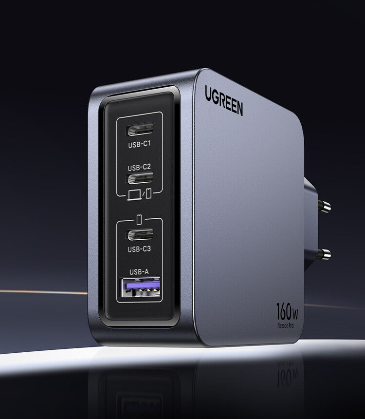 Ugreen Nexode Pro 160W GaN Charger with USB-C Cable Universel Sort, Grå Vekselstrøm Hurtig opladning Indendørs