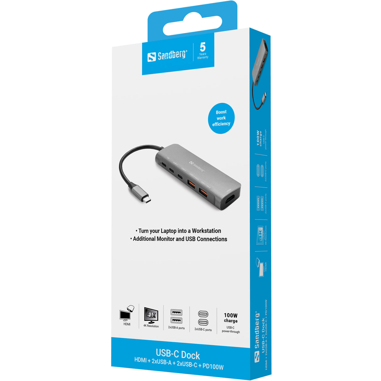 Sandberg USB-C Dock HDMI + 2xUSB-A + 2xUSB-C + PD100W Ledningsført USB 3.2 Gen 1 (3.1 Gen 1) Type-C Aluminium