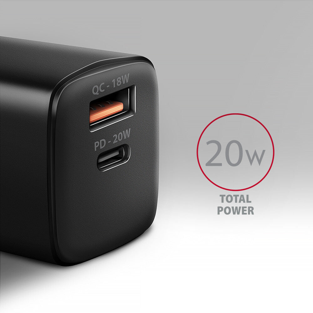 Axagon ACU-PQ20 wall charger QC3.0/AFC/FCP+ PD type-C 20 W - schwarz - USB Typ C Mobiltelefon, Smartphone, SmartWatch, Tablet, Universel Sort Vekselstrøm Hurtig opladning Indendørs