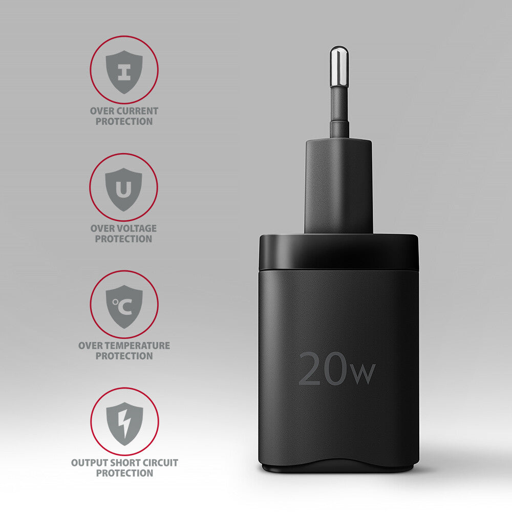 Axagon ACU-PQ20 wall charger QC3.0/AFC/FCP+ PD type-C 20 W - schwarz - USB Typ C Mobiltelefon, Smartphone, SmartWatch, Tablet, Universel Sort Vekselstrøm Hurtig opladning Indendørs