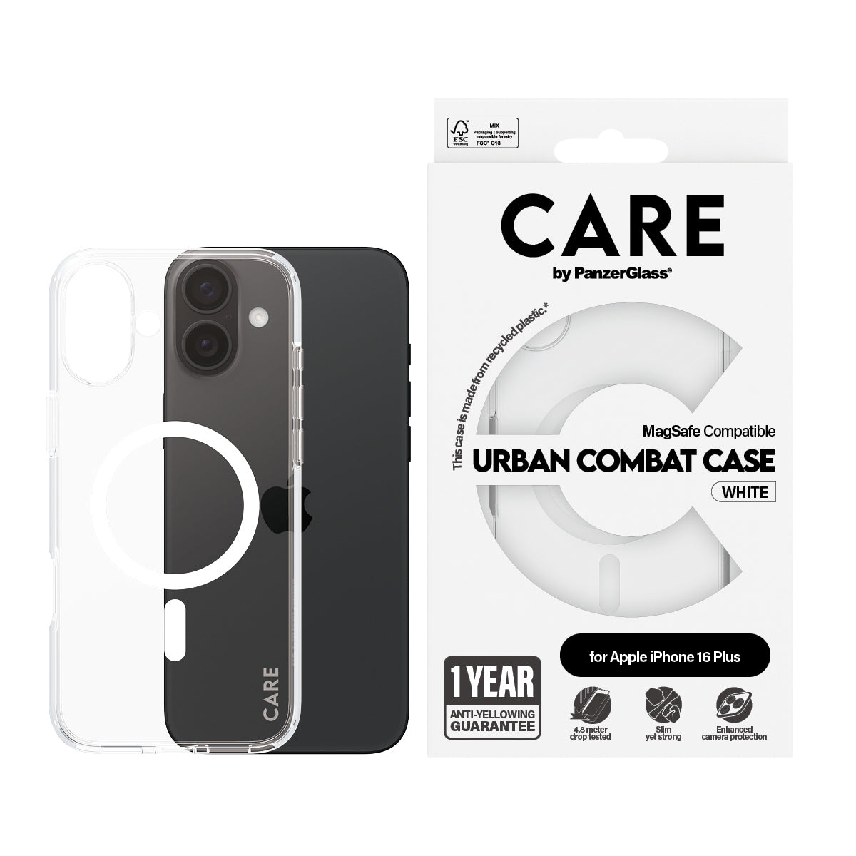 PanzerGlass CARE by ® Flagship Case Transparent Urban Combat m. Hvid MagSafe iPhone 16 Plus