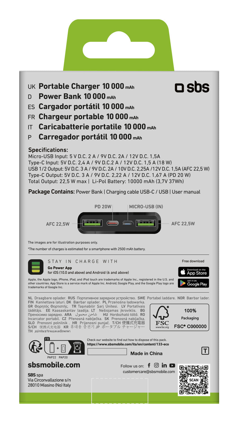 SBS TTBB10000FASTPD2 powerbank 10000 mAh Sort