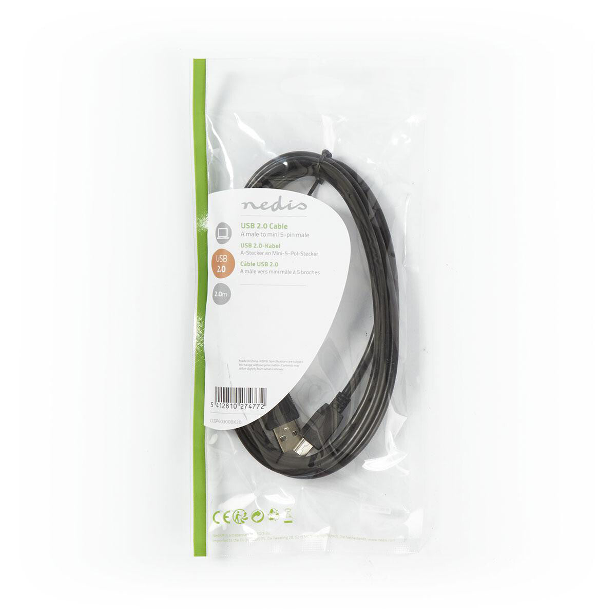 Nedis CCGP60300BK20 USB-kabel USB 2.0 2 m USB A Mini-USB B 0,48 Gbit/sek. Sort